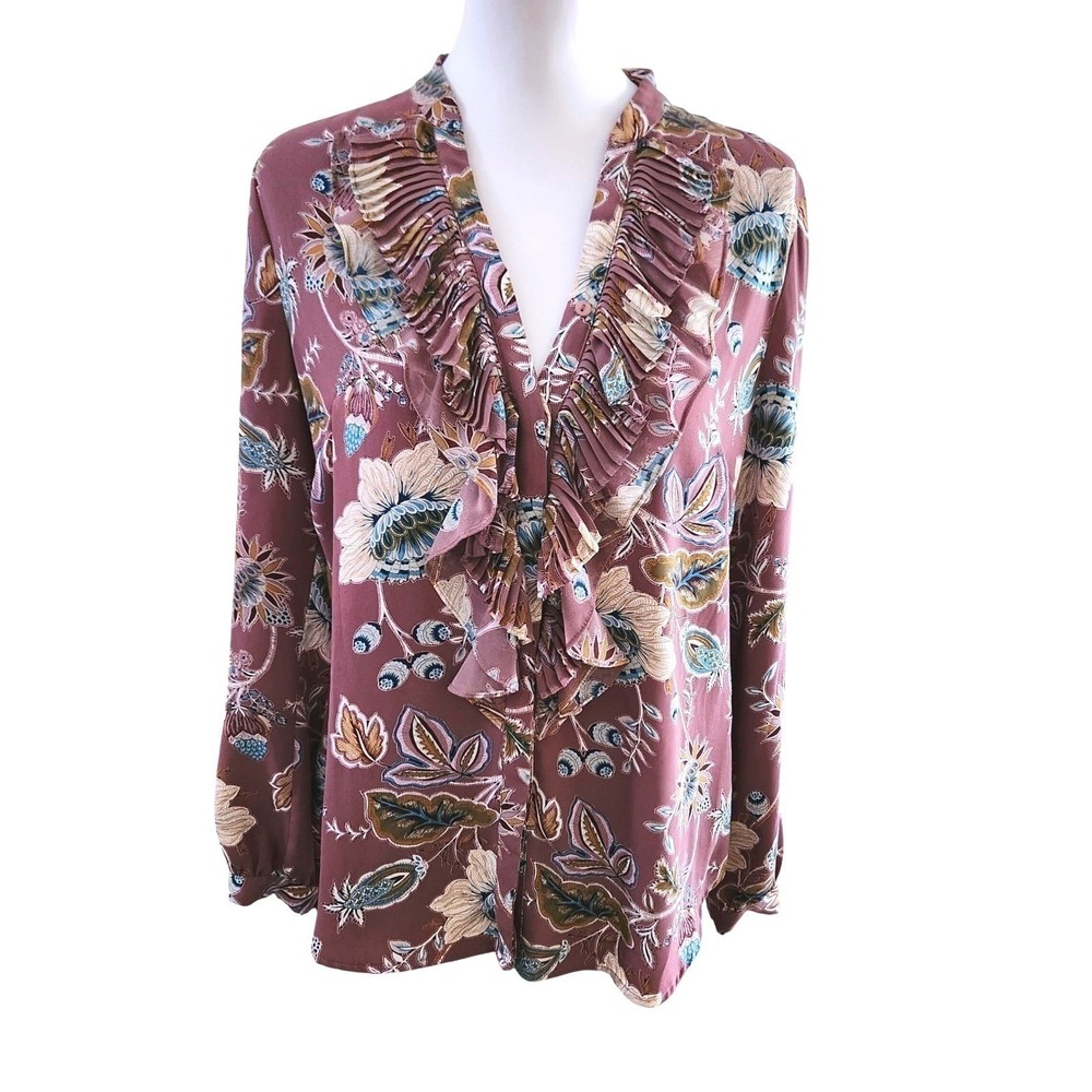 Chicos Jacobean‎ Bouquet Long Sleeve Mauve Blouse Ruffle Neck Button Front